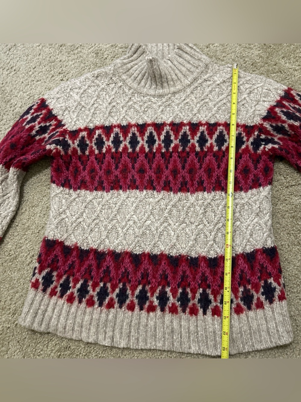 Faherty Alpaca Wool Fair Isle Mock Neck Sweater Womens Large Tan Red Excellent - Picture 9 of 11